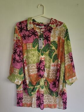 Rose & Olive Floral Patchwork  Palm-Print Design Tie-Front Button Shirt-1X